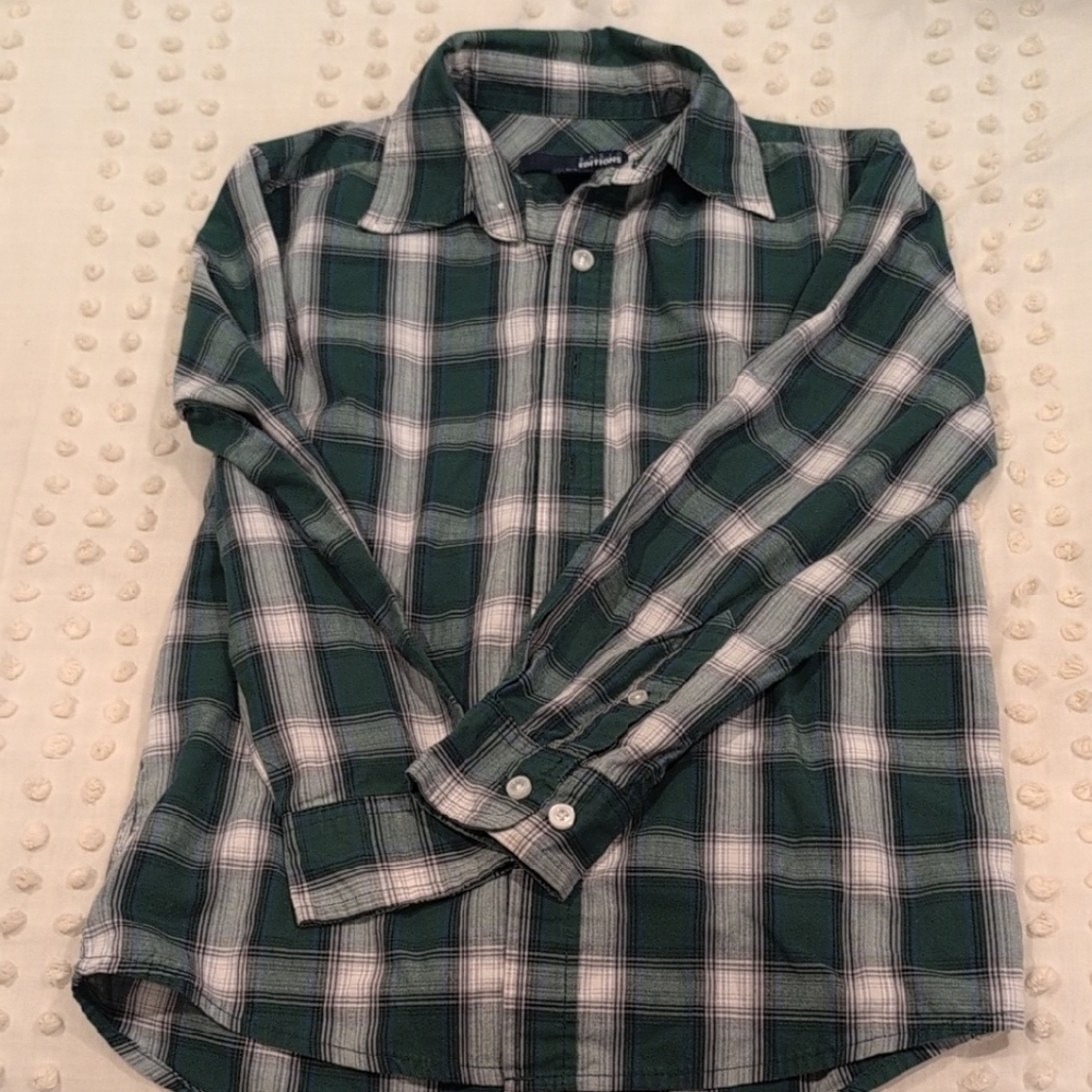 Basic Editions Green and White Plaid Button Down Shirt